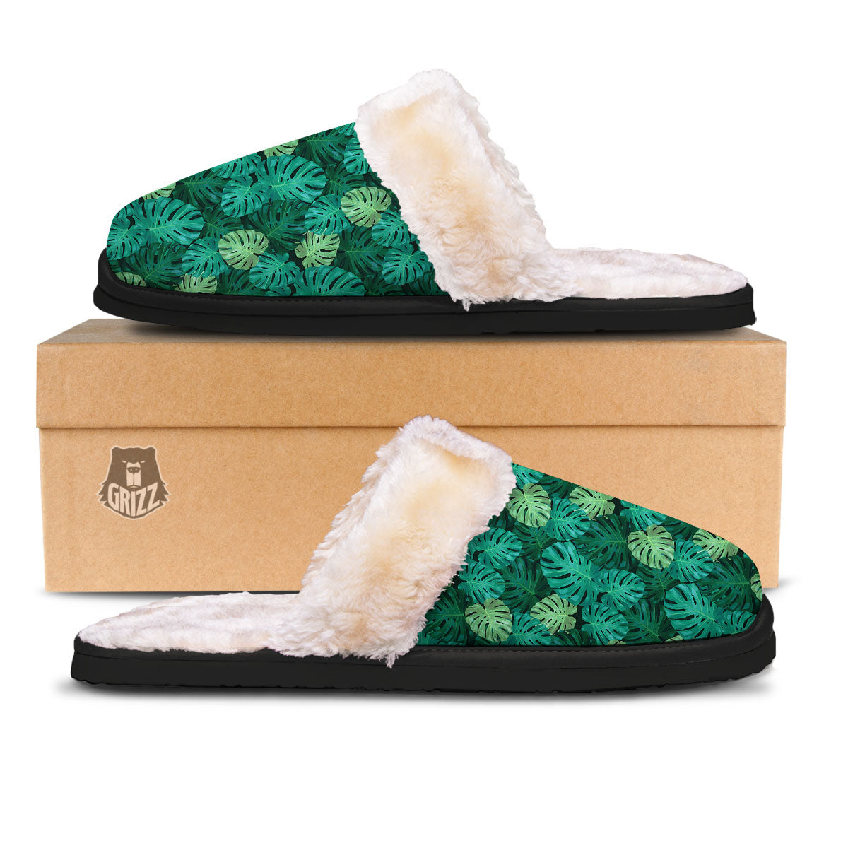 Monstera Leaf Green Print Slippers-grizzshop