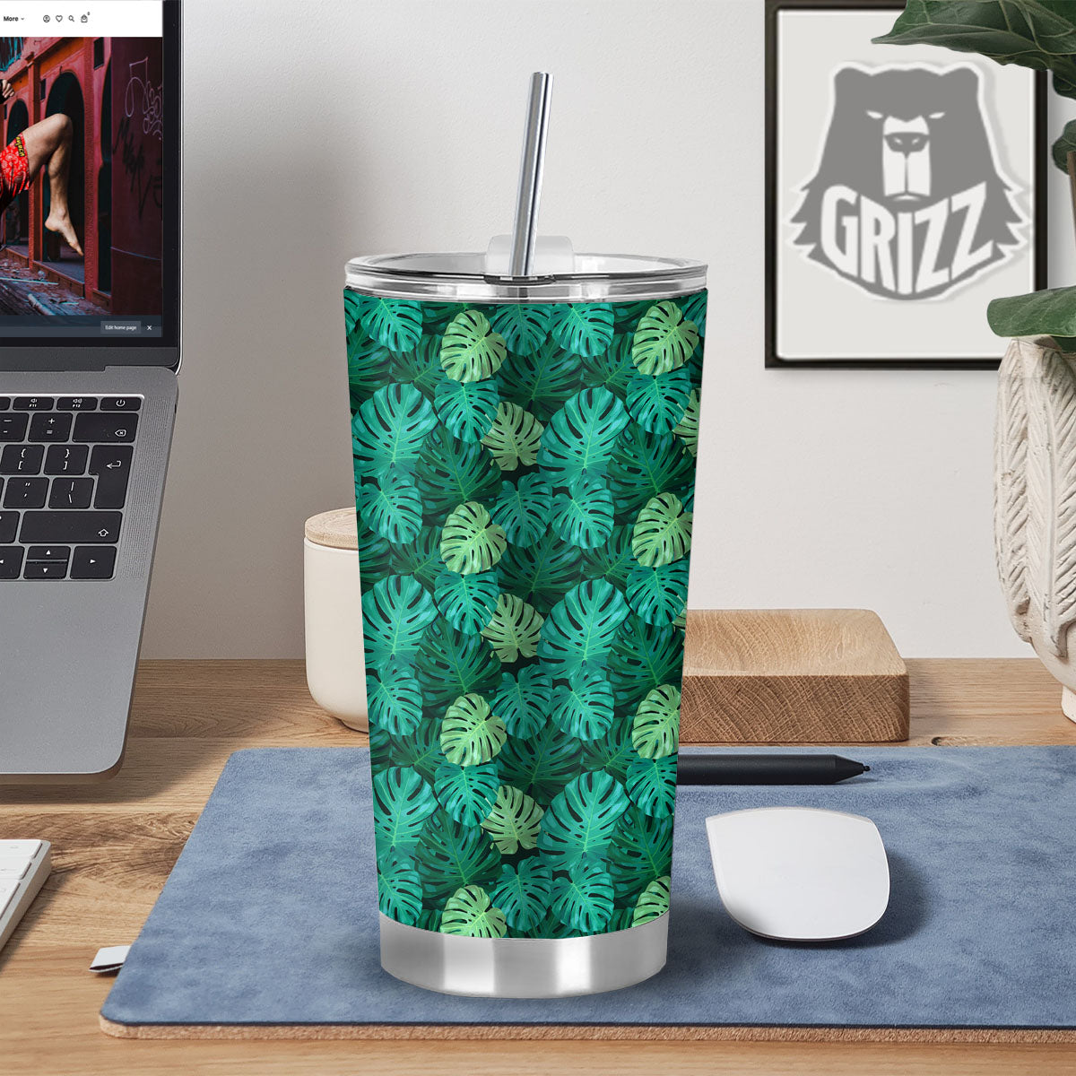 Monstera Leaf Green Print Tumbler-grizzshop