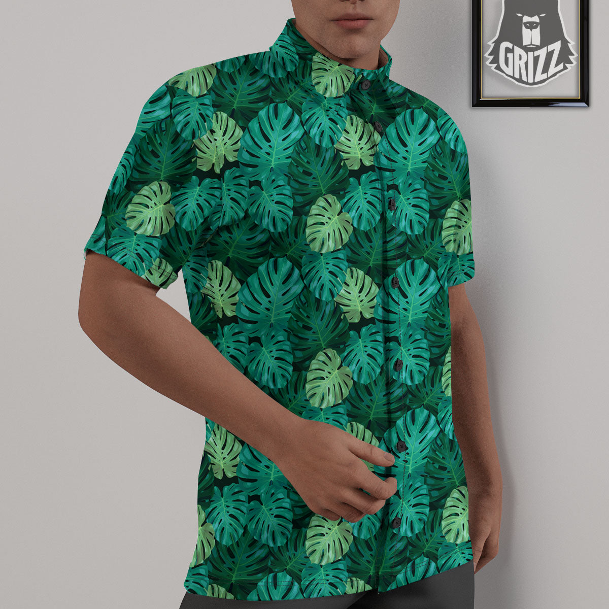 Monstera Leaf Green Print Untucked Shirts-grizzshop