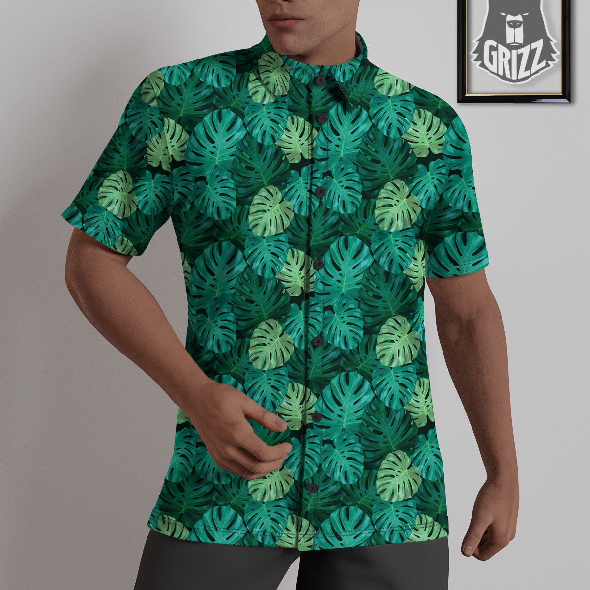 Monstera Leaf Green Print Untucked Shirts-grizzshop