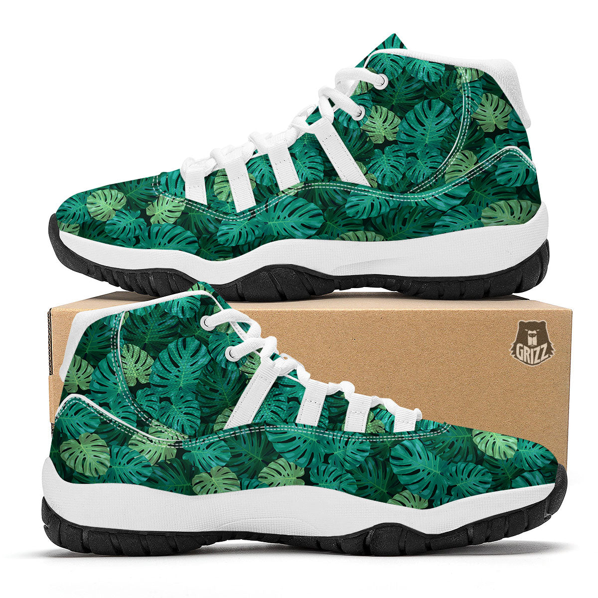 Monstera Leaf Green Print White Bball Shoes-grizzshop