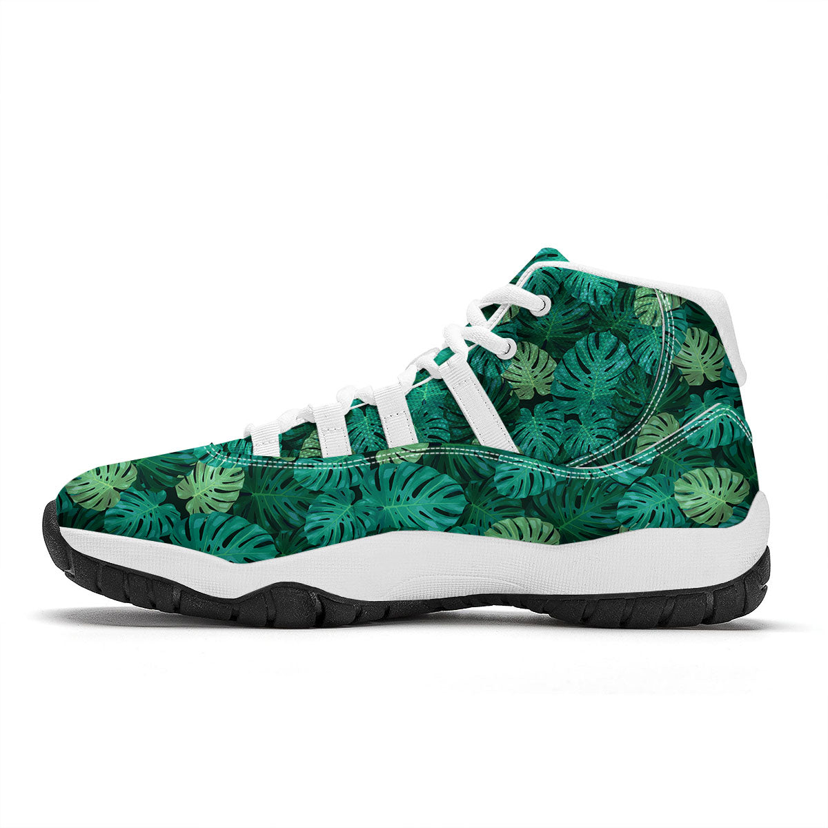 Monstera Leaf Green Print White Bball Shoes-grizzshop
