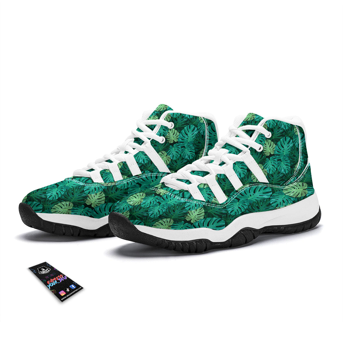 Monstera Leaf Green Print White Bball Shoes-grizzshop