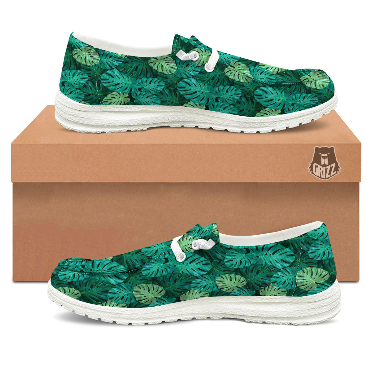 Monstera Leaf Green Print White Loafers-grizzshop