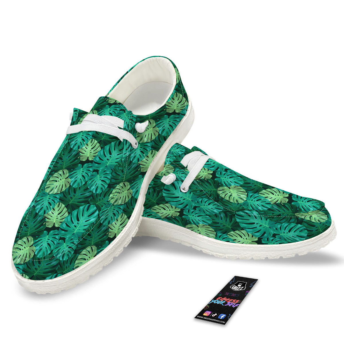 Monstera Leaf Green Print White Loafers-grizzshop