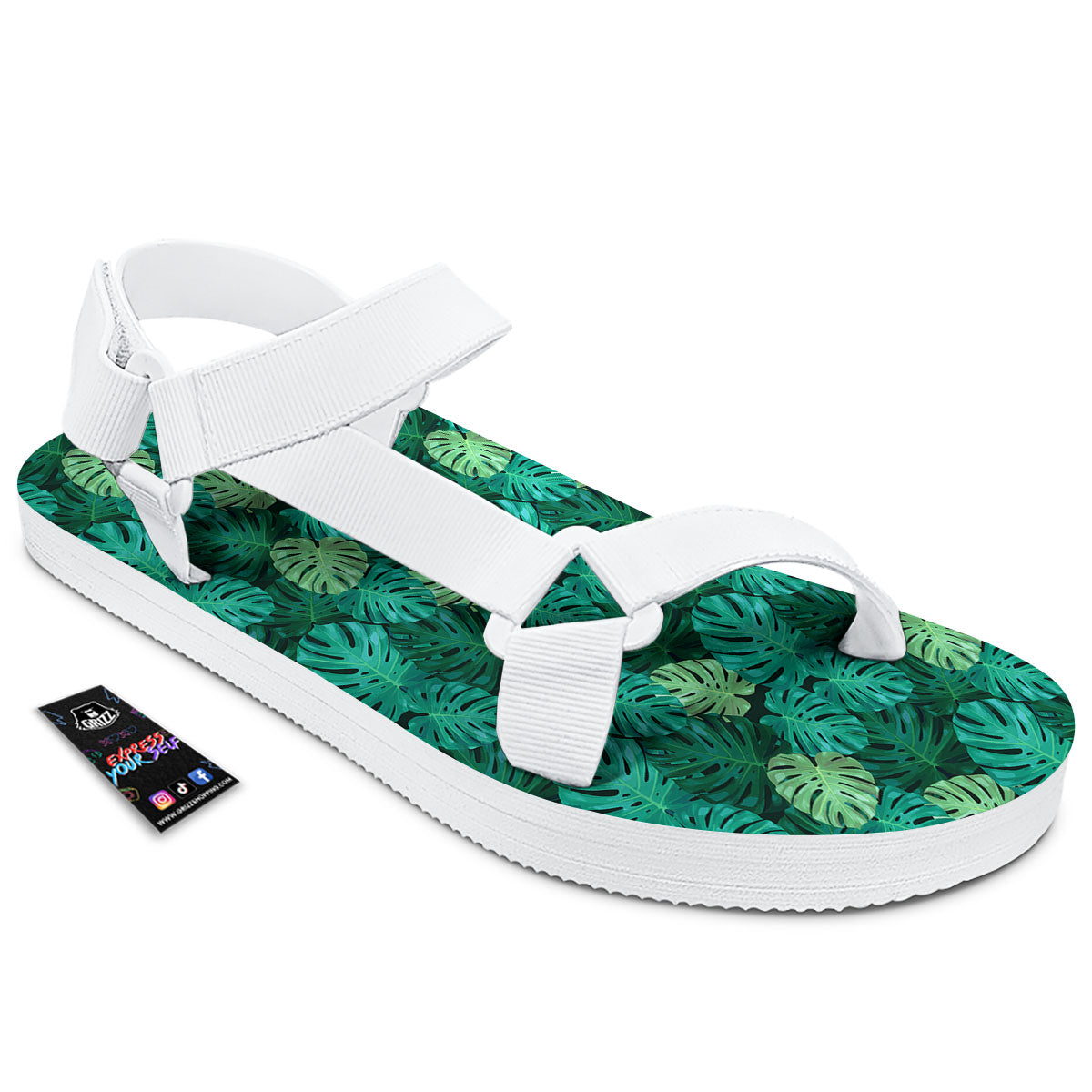 Monstera Leaf Green Print White Open Toe Sandals-grizzshop