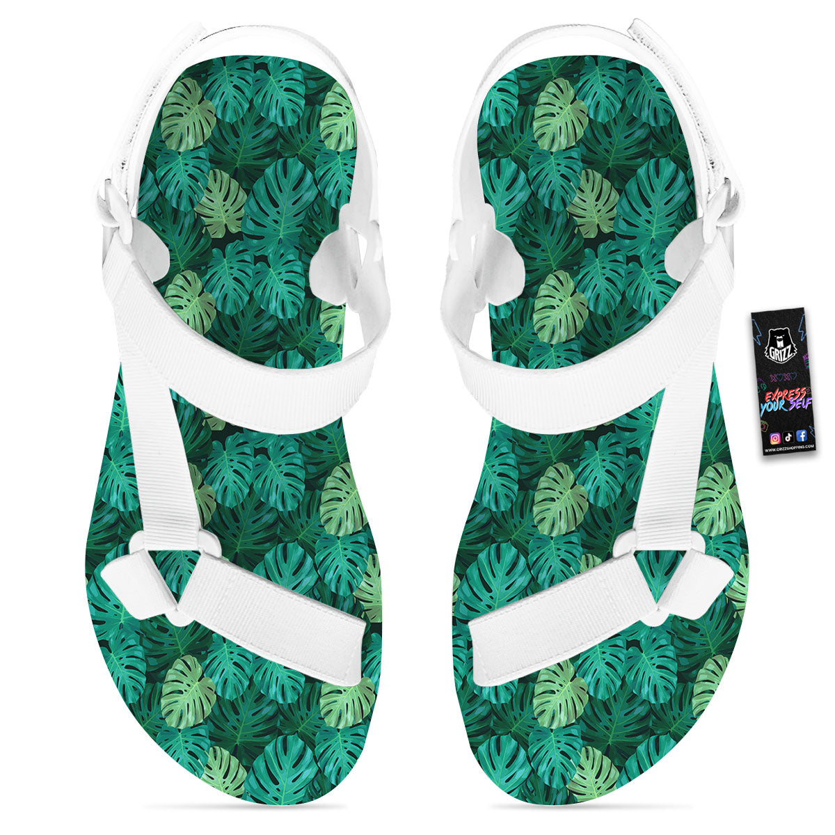 Monstera Leaf Green Print White Open Toe Sandals-grizzshop