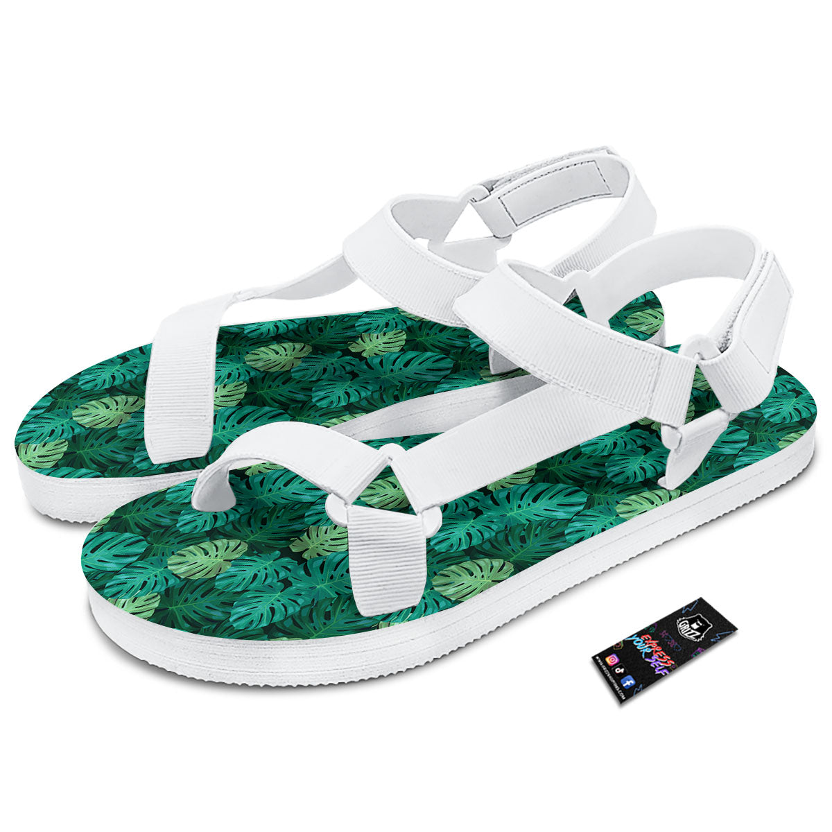Monstera Leaf Green Print White Open Toe Sandals-grizzshop
