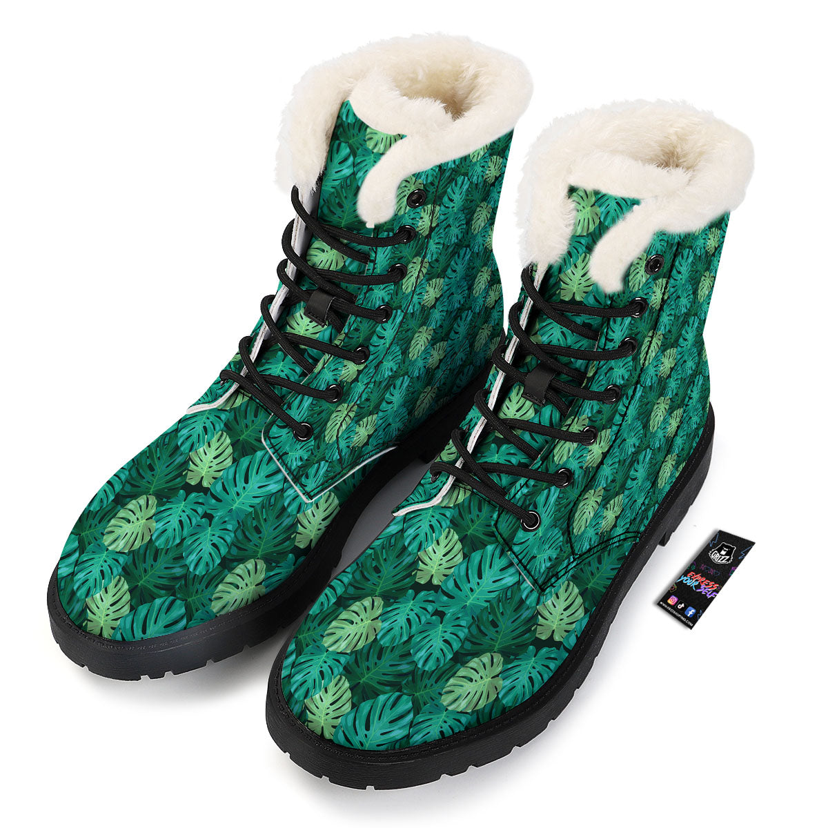 Monstera Leaf Green Print Winter Boots-grizzshop