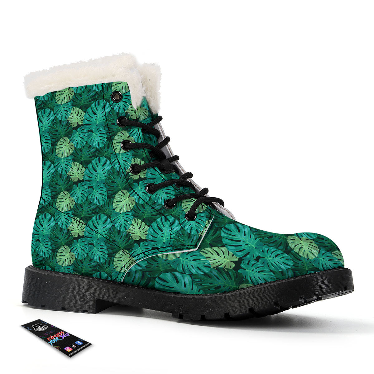 Monstera Leaf Green Print Winter Boots-grizzshop