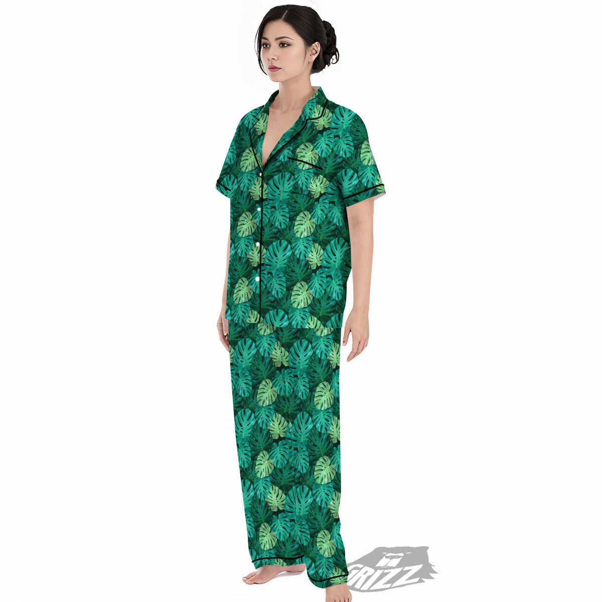 Monstera Leaf Green Print Women's Pajamas Set-grizzshop