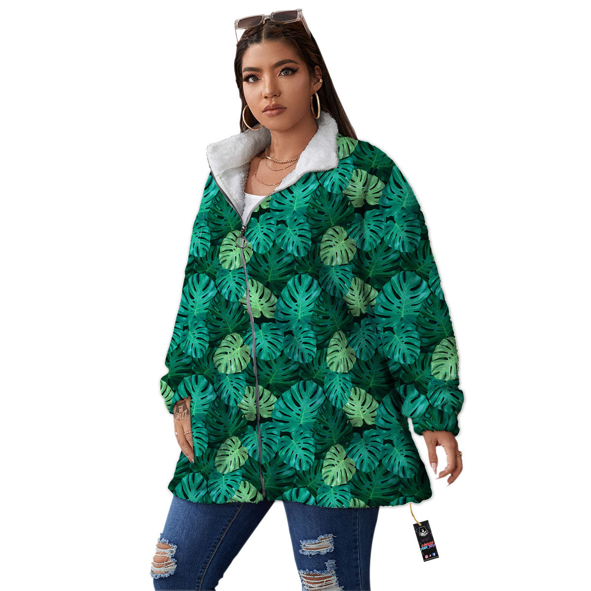 Monstera Leaf Green Print Women's Sherpa Jacket-grizzshop