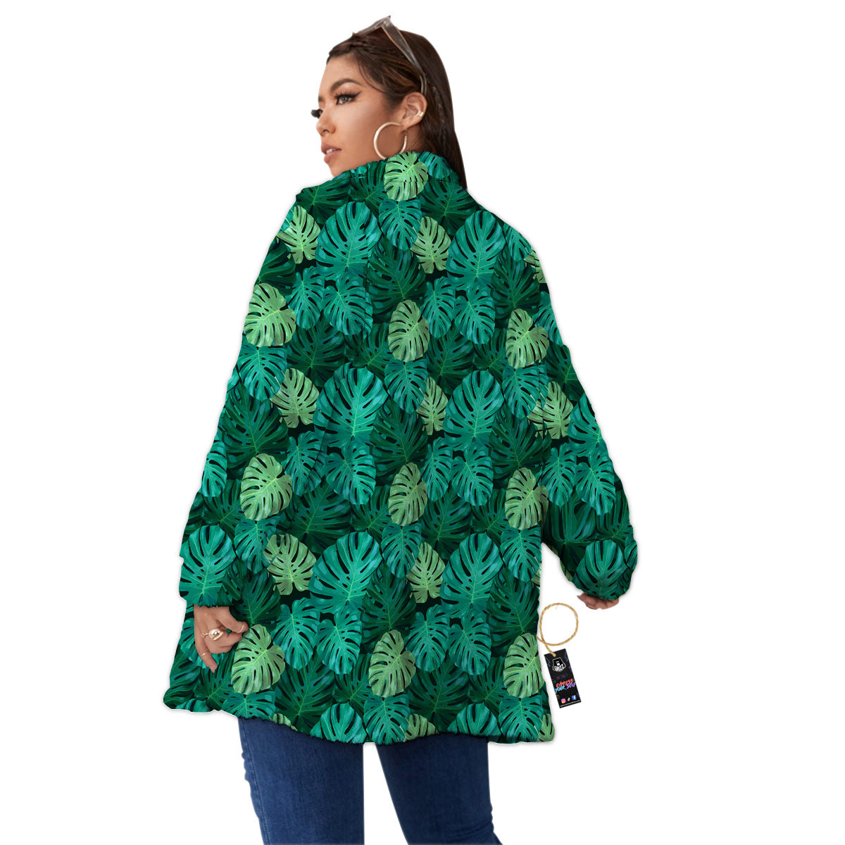 Monstera Leaf Green Print Women's Sherpa Jacket-grizzshop
