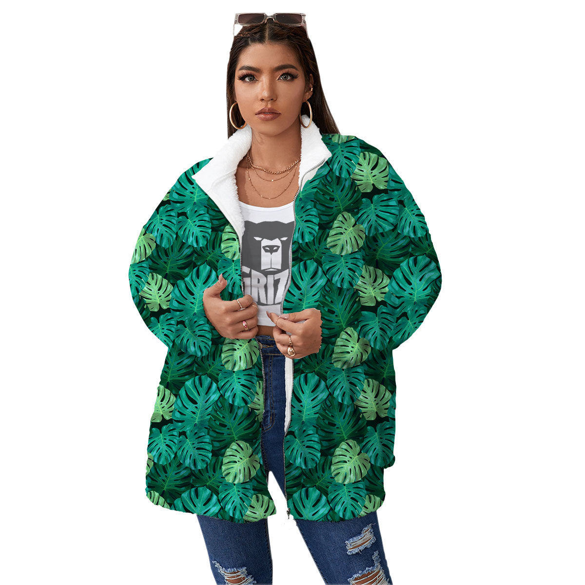 Monstera Leaf Green Print Women's Sherpa Jacket-grizzshop