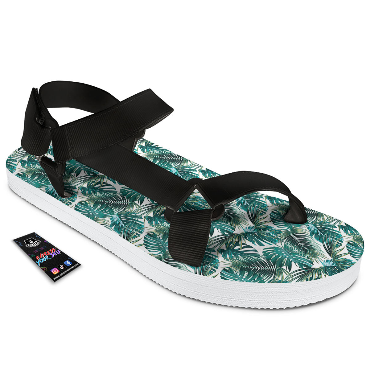 Monstera Leaves Palm Print Pattern Black Open Toe Sandals-grizzshop