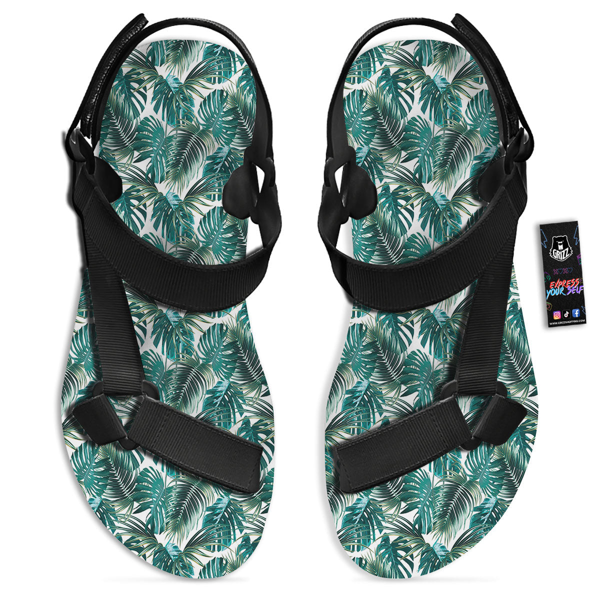 Monstera Leaves Palm Print Pattern Black Open Toe Sandals-grizzshop