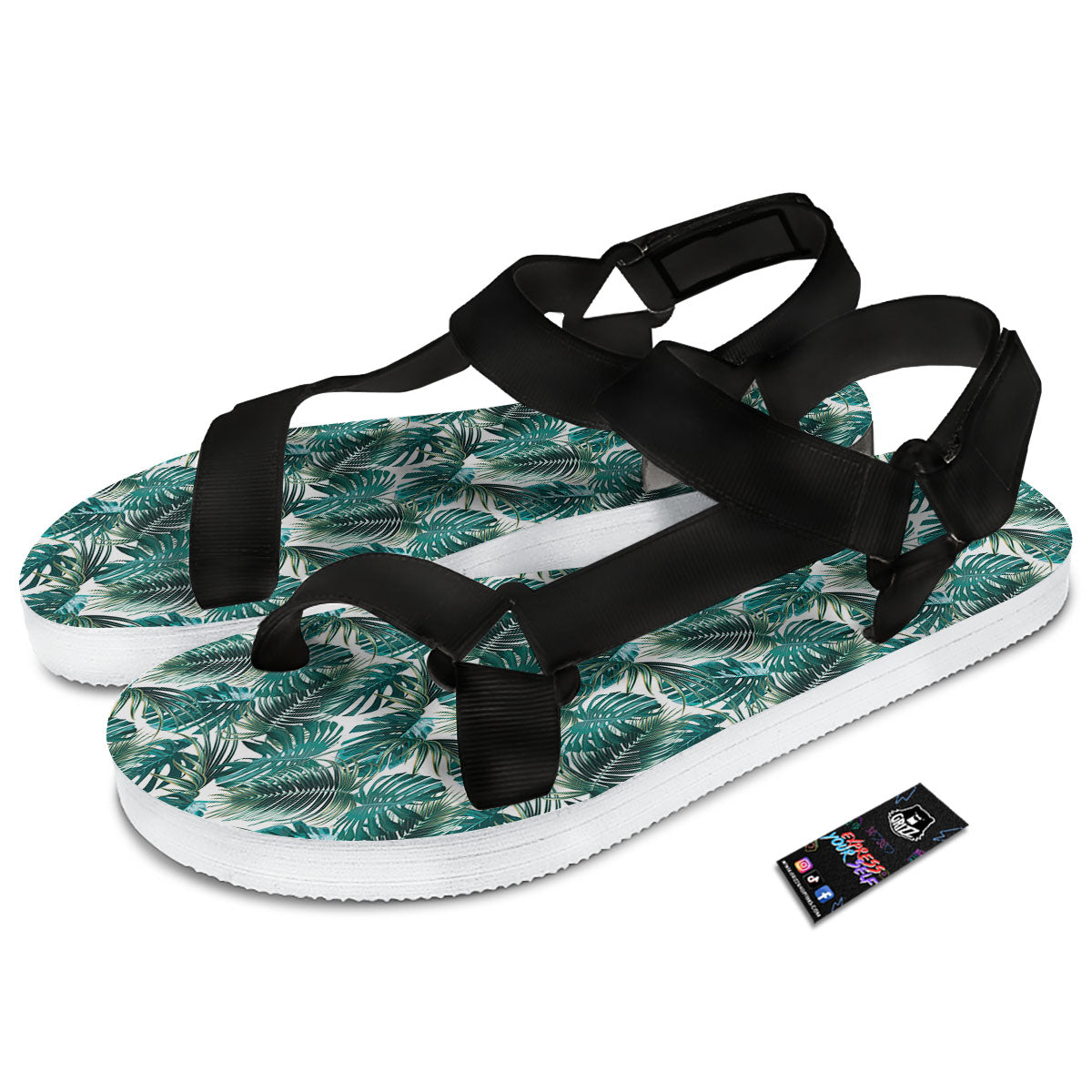 Monstera Leaves Palm Print Pattern Black Open Toe Sandals-grizzshop