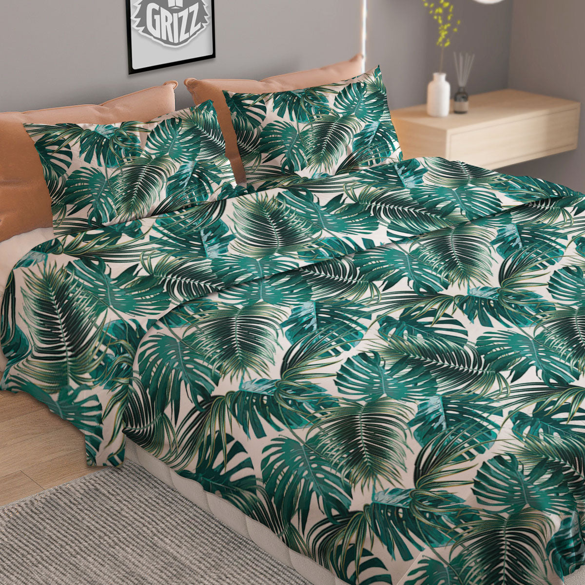 Monstera Leaves Palm Print Pattern Duvet Cover Bedding Set