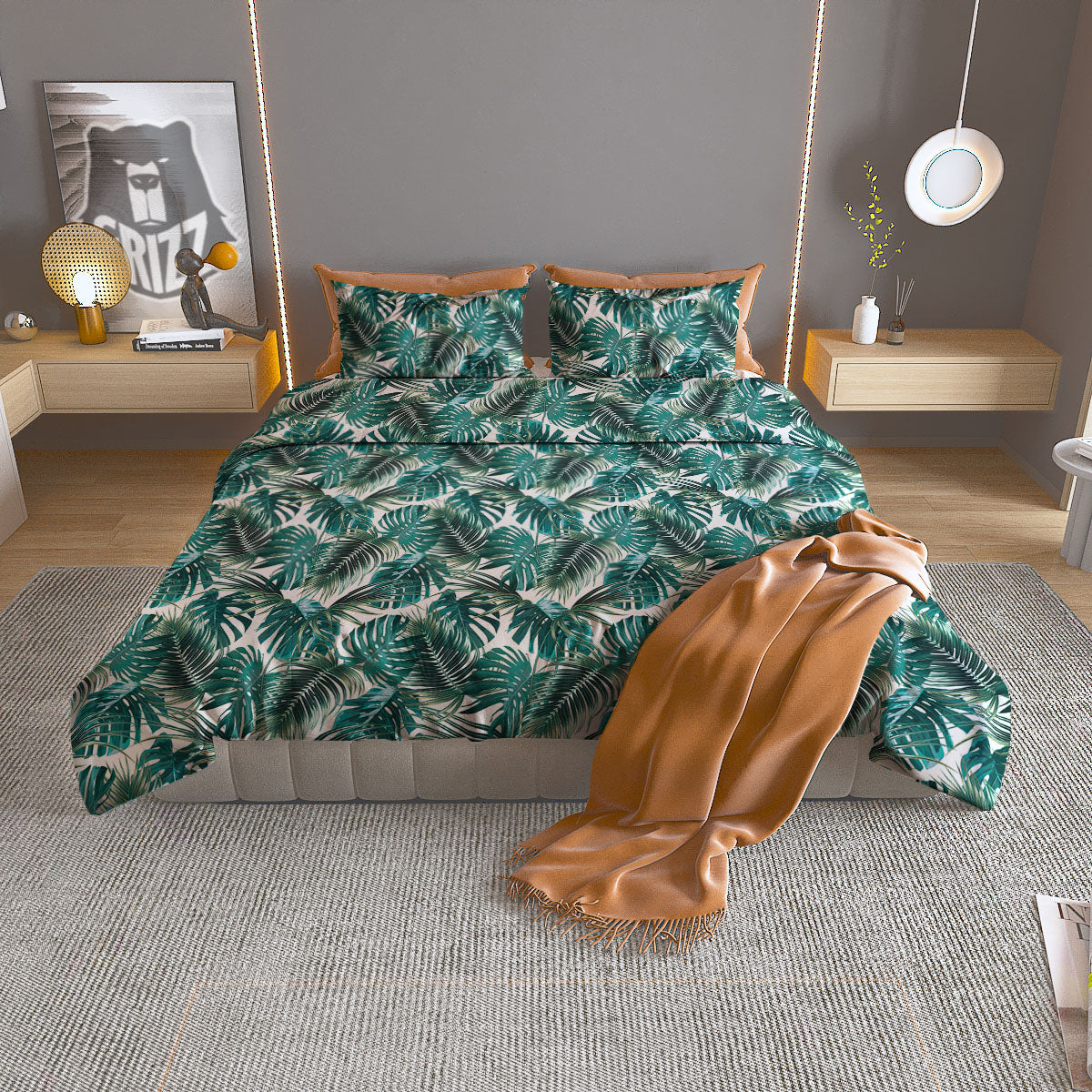 Monstera Leaves Palm Print Pattern Duvet Cover Bedding Set