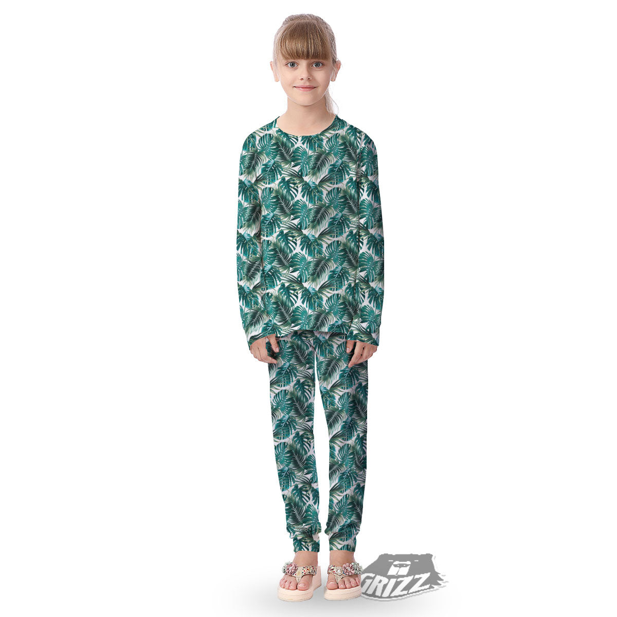 Monstera Leaves Palm Print Pattern Kid's Pajamas-grizzshop