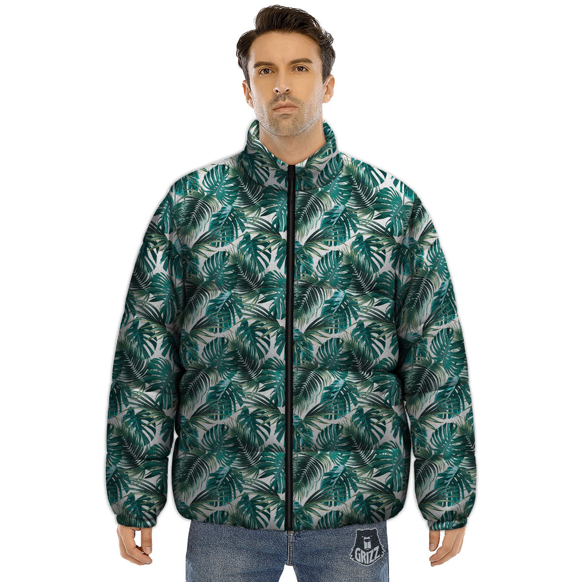 Monstera Leaves Palm Print Pattern Puffer Jacket-grizzshop