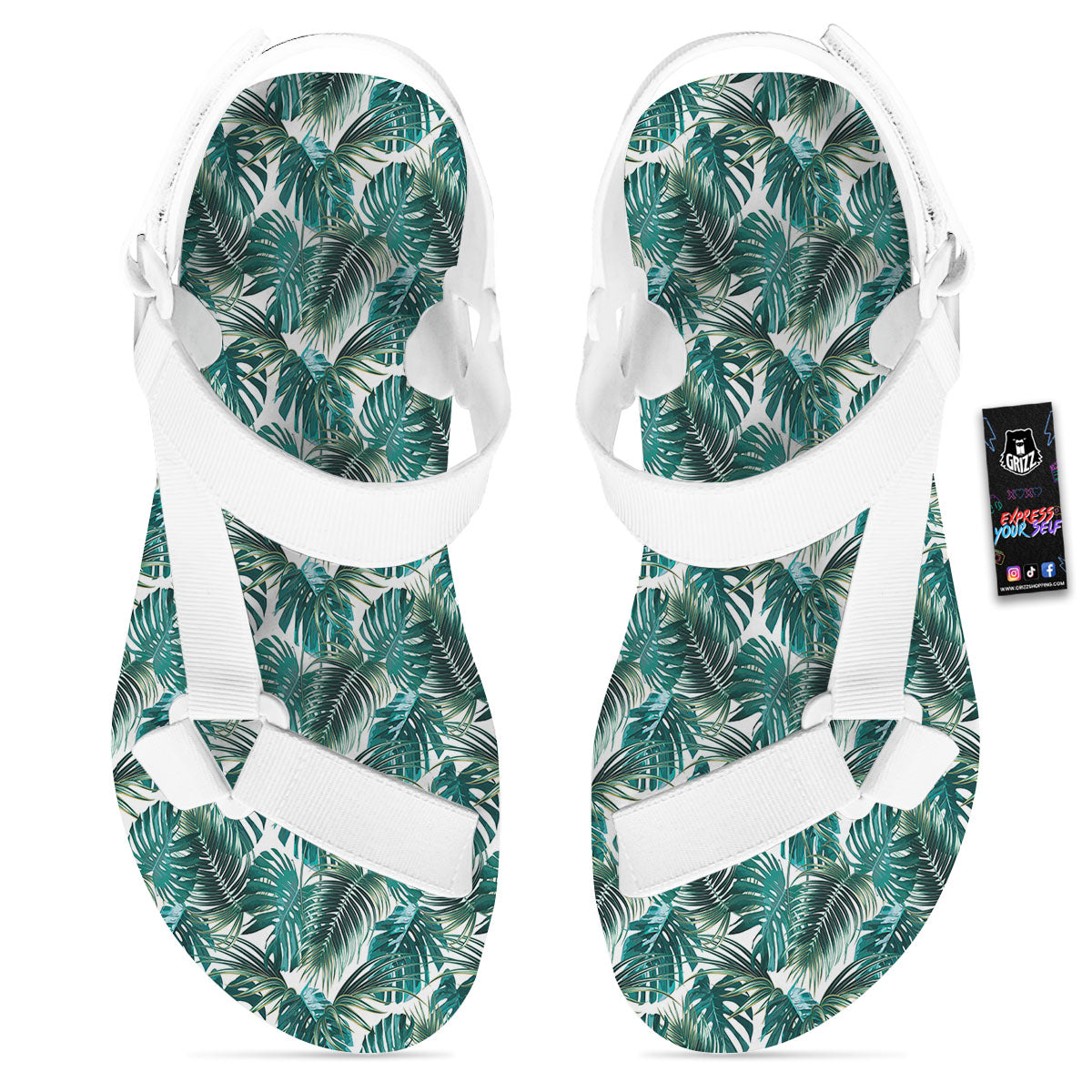 Monstera Leaves Palm Print Pattern White Open Toe Sandals-grizzshop