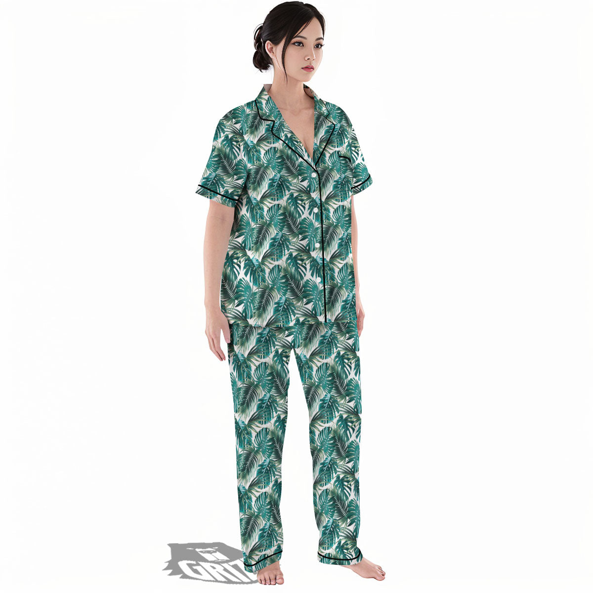 Monstera Leaves Palm Print Pattern Women's Pajamas Set-grizzshop