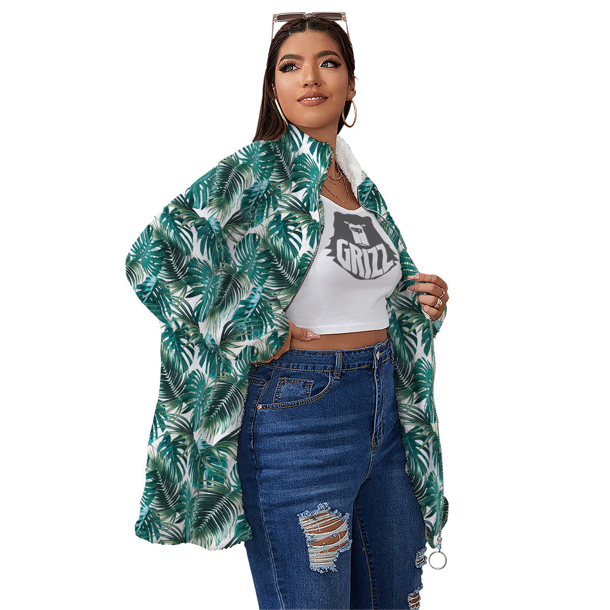 Monstera Leaves Palm Print Pattern Women's Sherpa Jacket-grizzshop