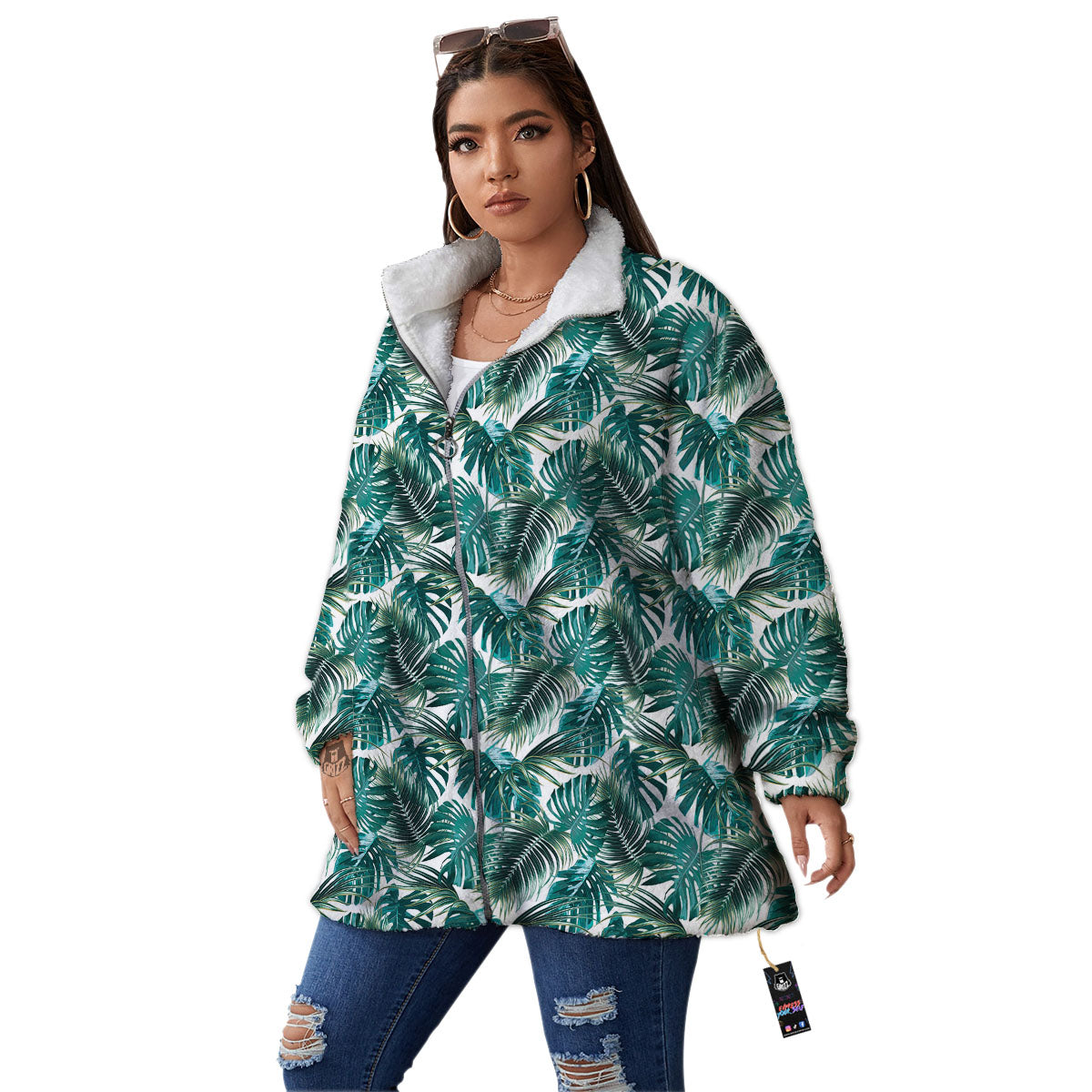 Monstera Leaves Palm Print Pattern Women's Sherpa Jacket-grizzshop