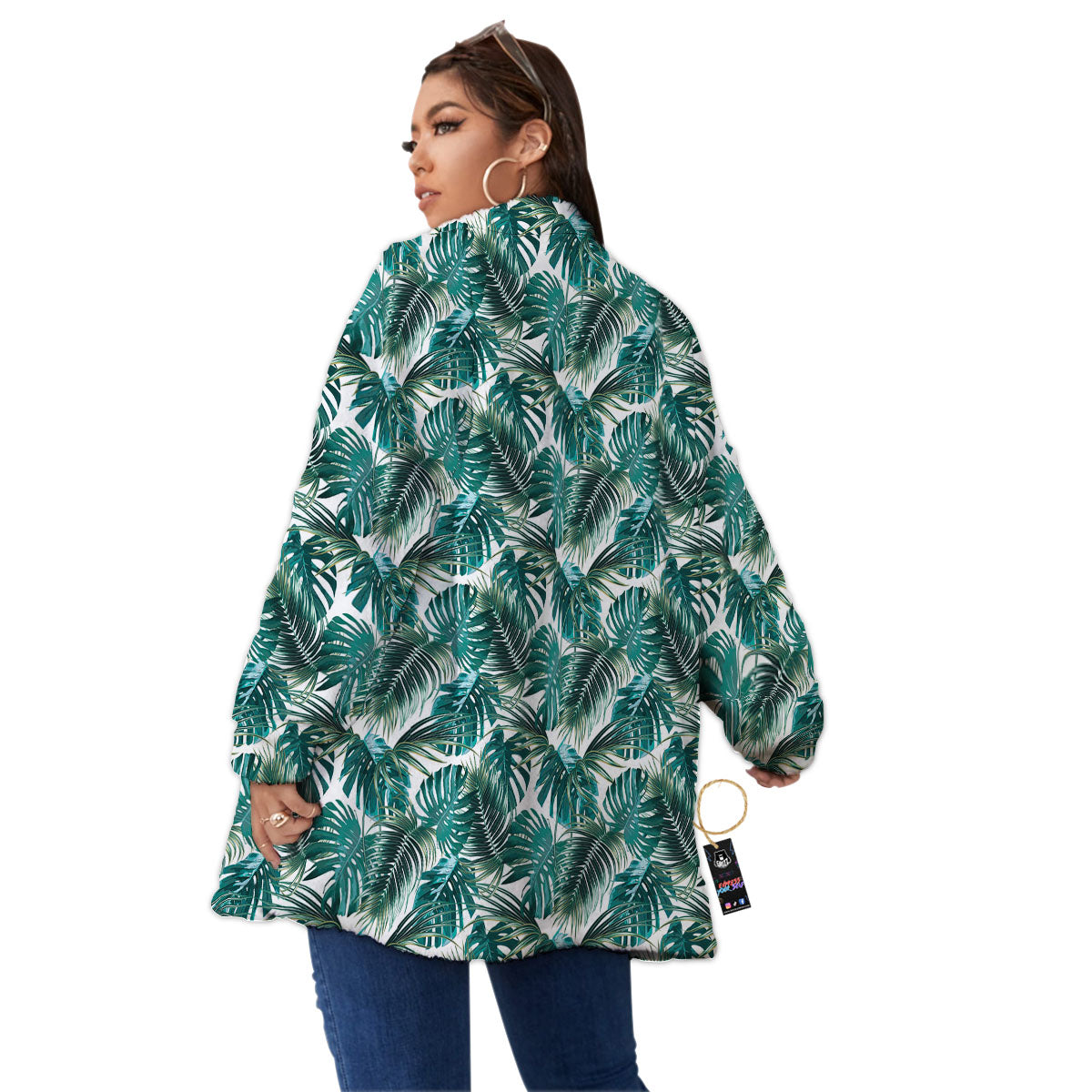 Monstera Leaves Palm Print Pattern Women's Sherpa Jacket-grizzshop