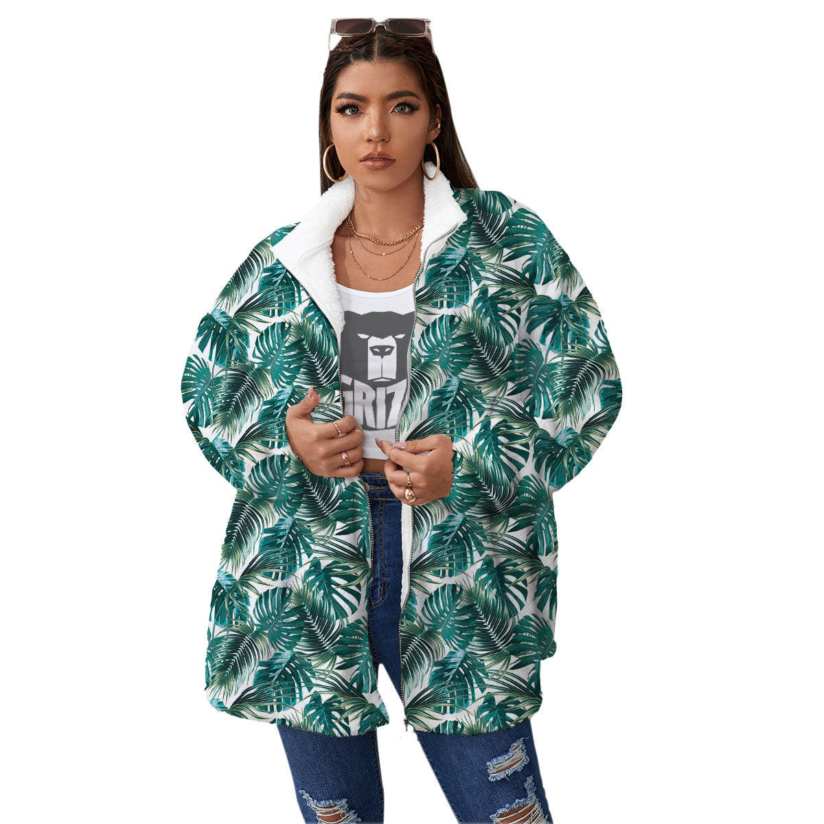 Monstera Leaves Palm Print Pattern Women's Sherpa Jacket-grizzshop
