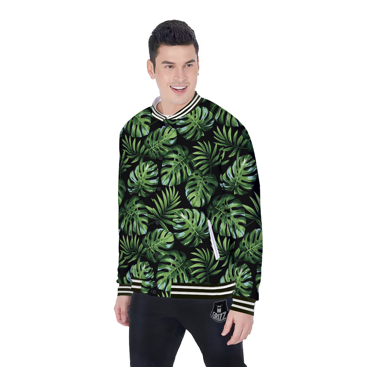 Monstera Leaves Tropical Print Pattern Baseball Jacket-grizzshop