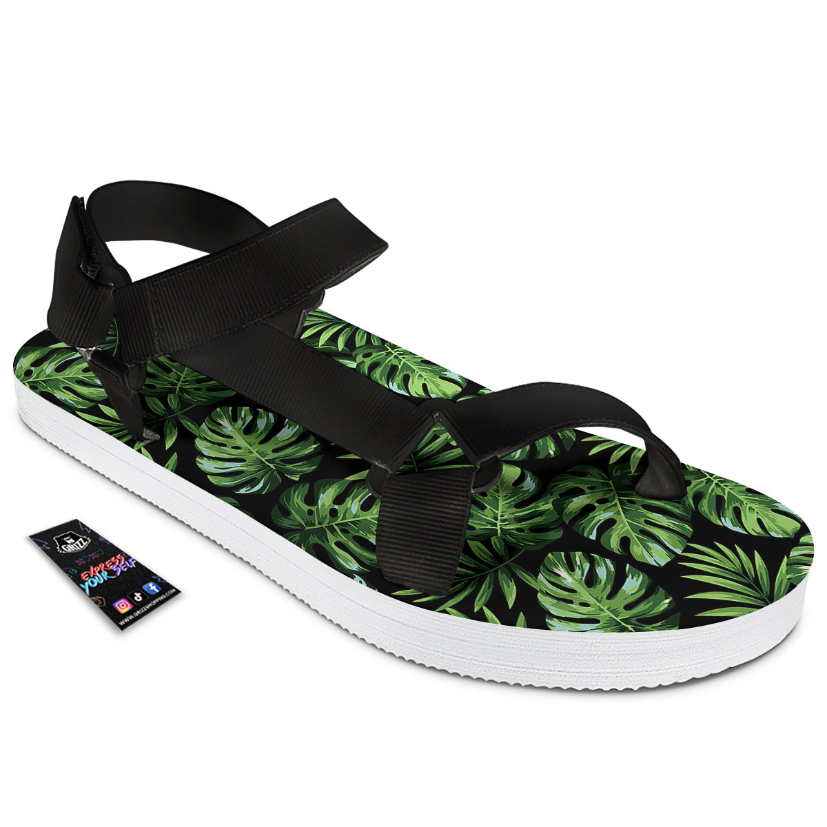 Monstera Leaves Tropical Print Pattern Black Open Toe Sandals-grizzshop