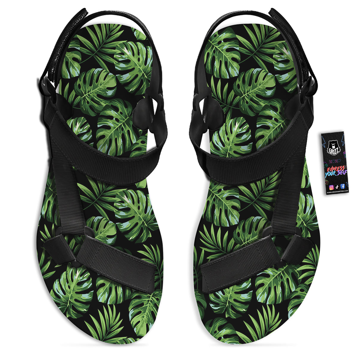 Monstera Leaves Tropical Print Pattern Black Open Toe Sandals-grizzshop