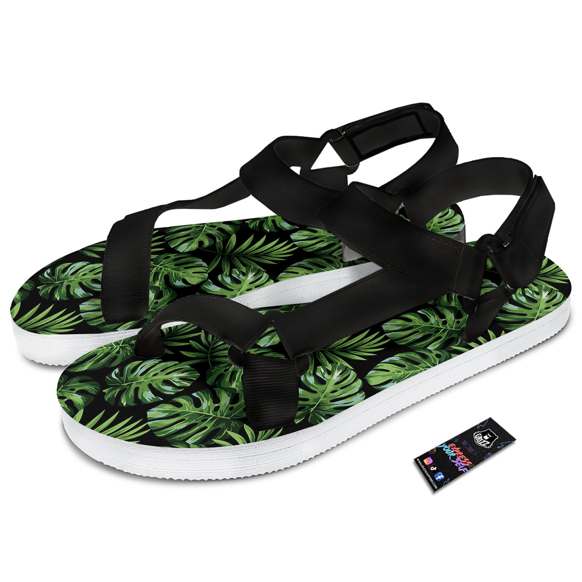 Monstera Leaves Tropical Print Pattern Black Open Toe Sandals-grizzshop