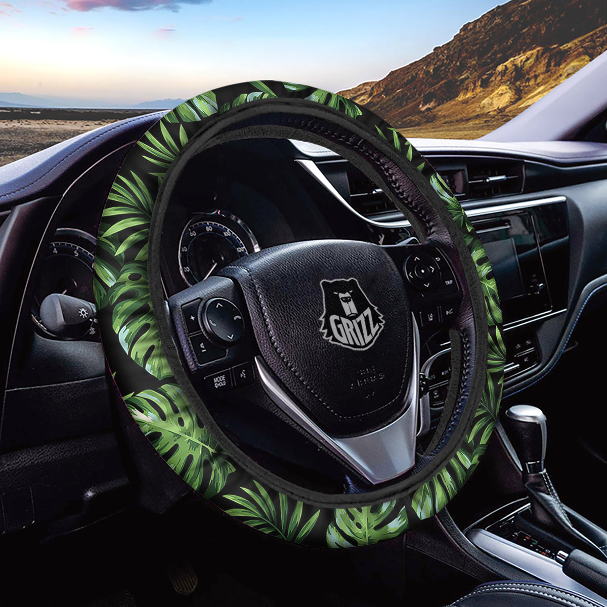 Monstera Leaves Tropical Print Pattern Car Steering Wheel Cover-grizzshop