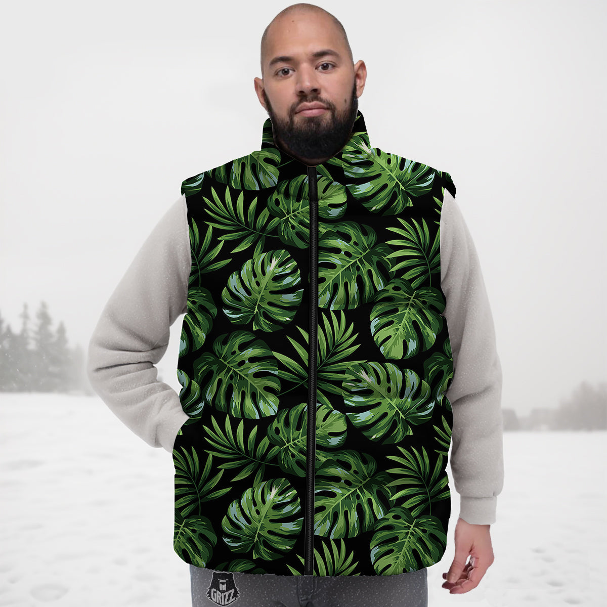 Monstera Leaves Tropical Print Pattern Down Vest