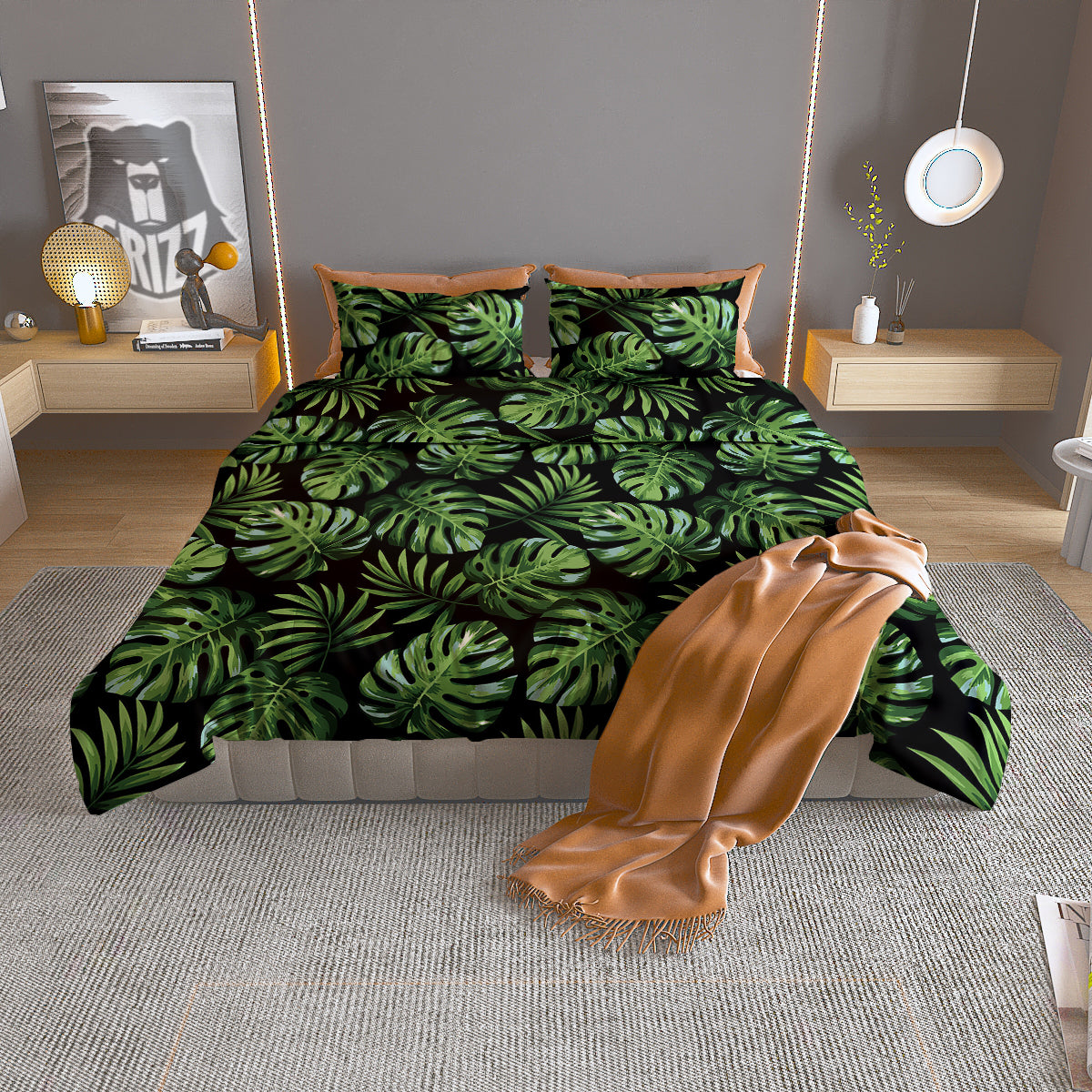 Monstera Leaves Tropical Print Pattern Duvet Cover Bedding Set