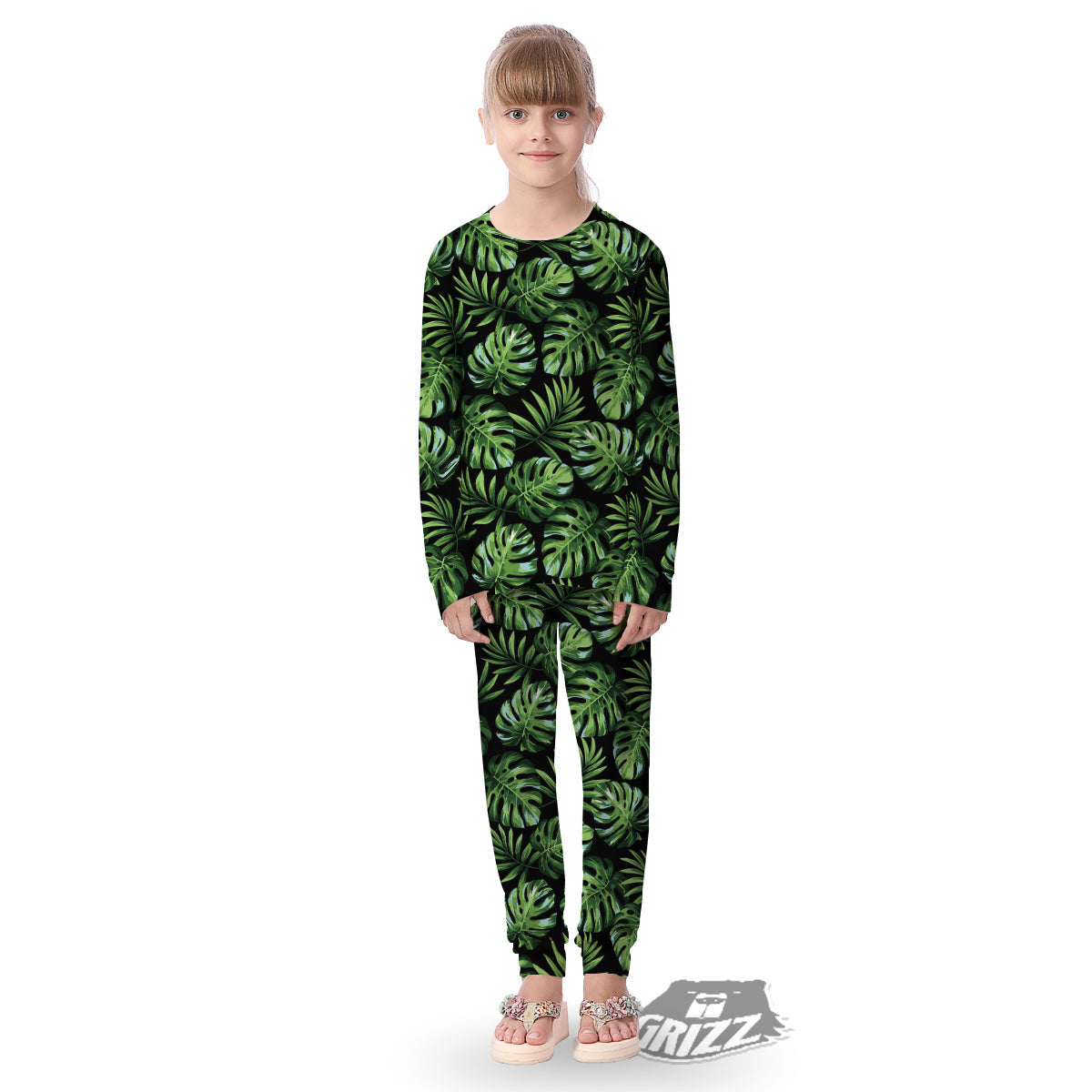 Monstera Leaves Tropical Print Pattern Kid's Pajamas-grizzshop
