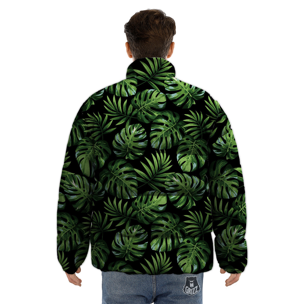 Monstera Leaves Tropical Print Pattern Puffer Jacket-grizzshop
