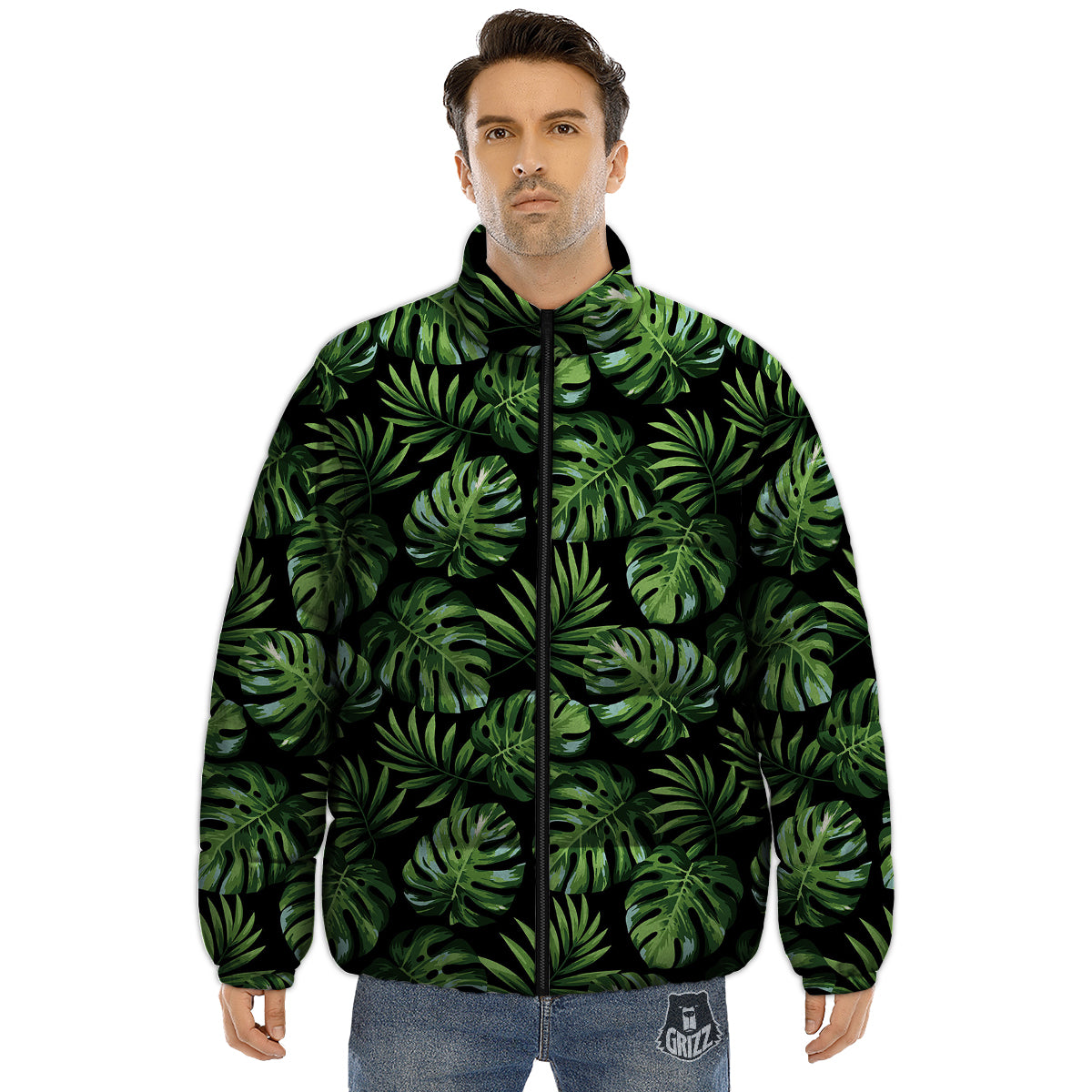 Monstera Leaves Tropical Print Pattern Puffer Jacket-grizzshop