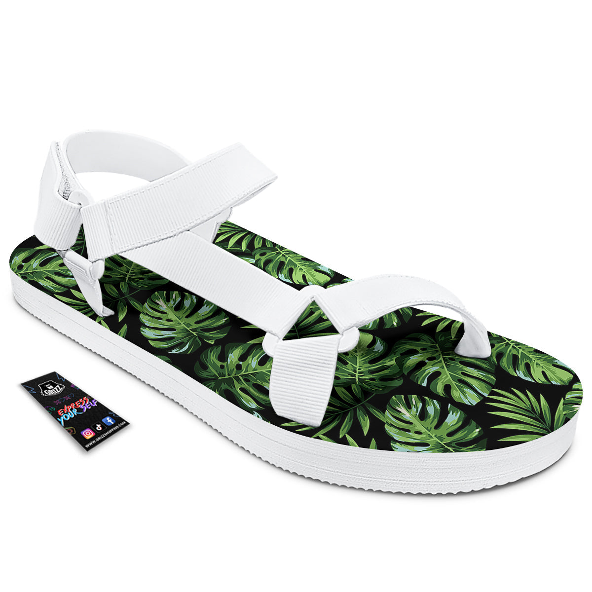Monstera Leaves Tropical Print Pattern White Open Toe Sandals-grizzshop
