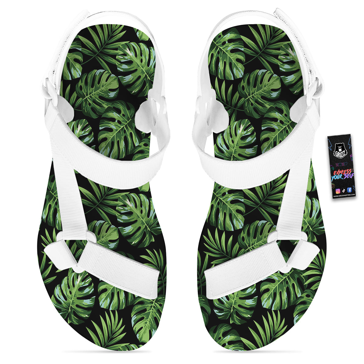 Monstera Leaves Tropical Print Pattern White Open Toe Sandals-grizzshop