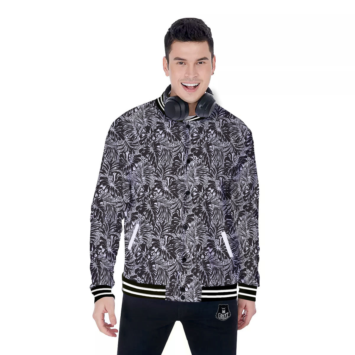 Monstera White And Black Print Pattern Baseball Jacket-grizzshop