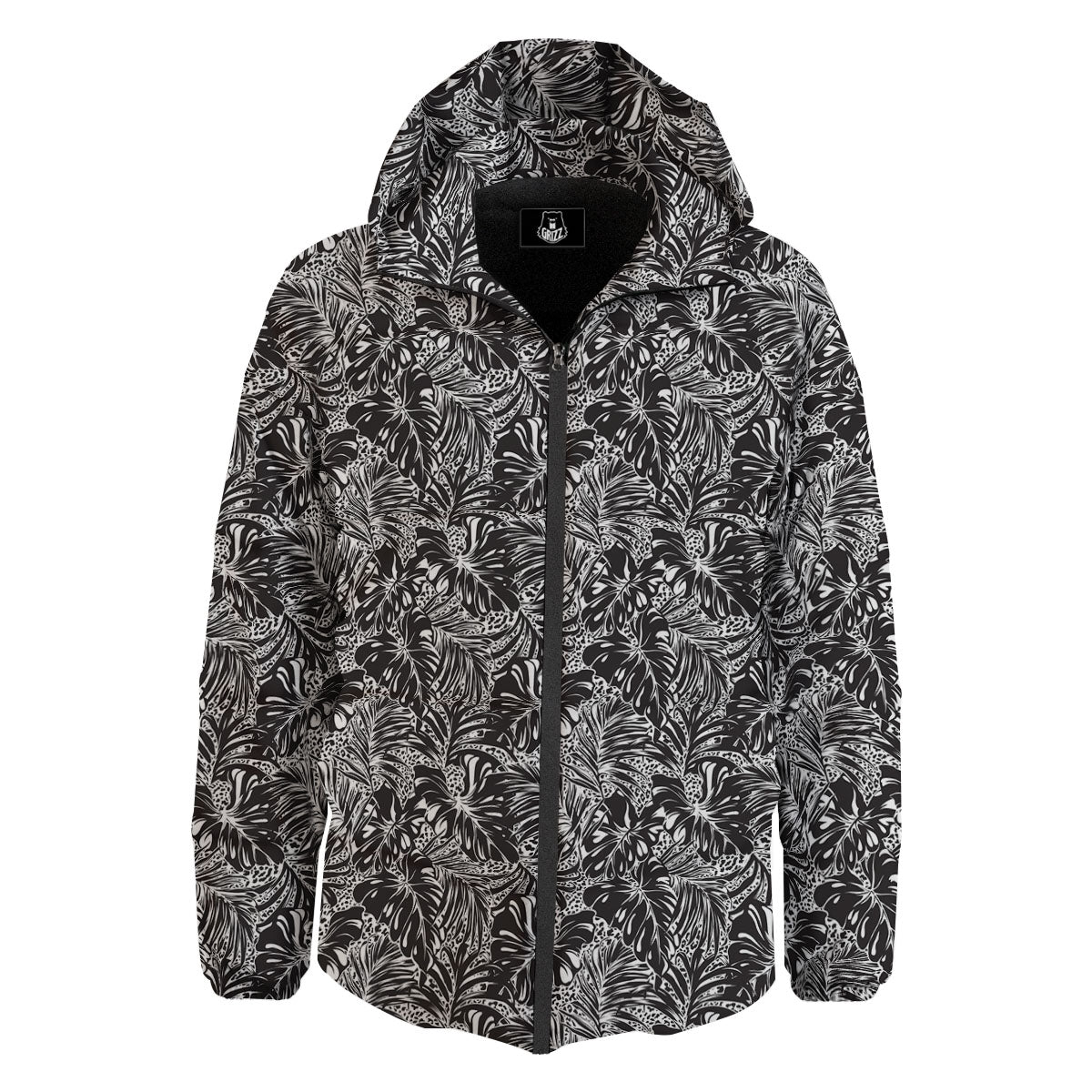 Monstera White And Black Print Pattern Down Jacket-grizzshop