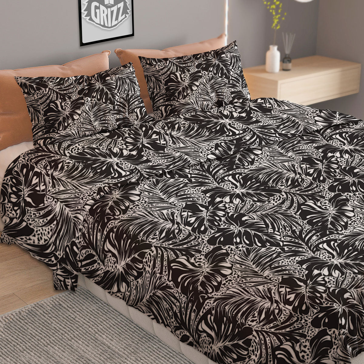 Monstera White And Black Print Pattern Duvet Cover Bedding Set