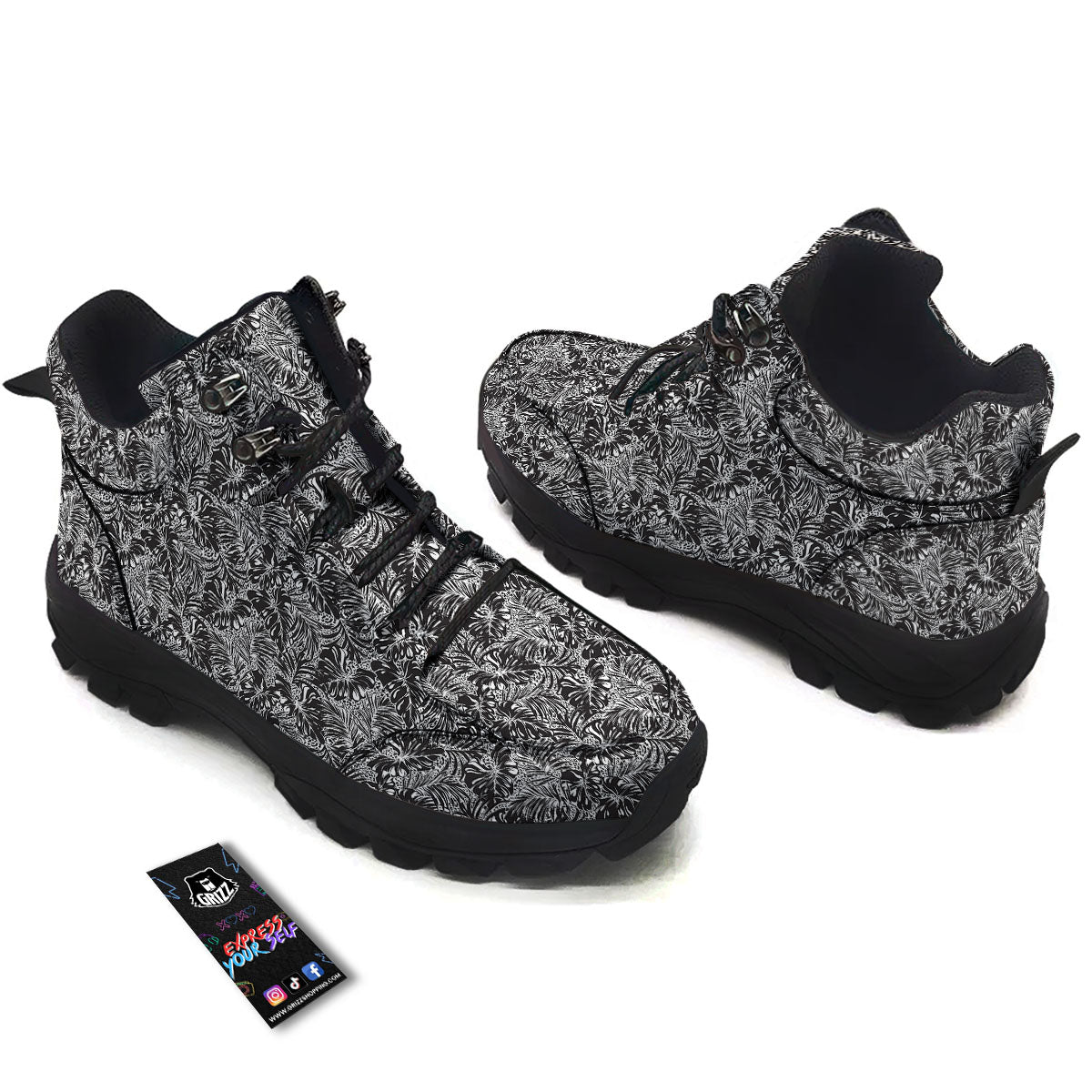 Monstera White And Black Print Pattern Hiking Shoes-grizzshop