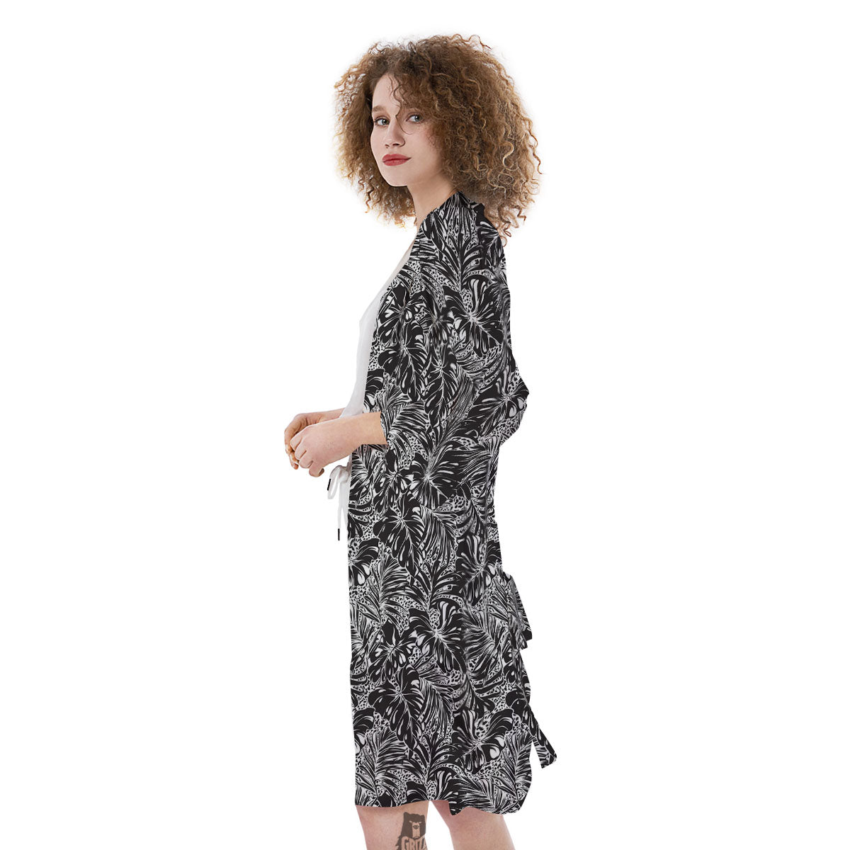 Monstera White And Black Print Pattern Kimono-grizzshop