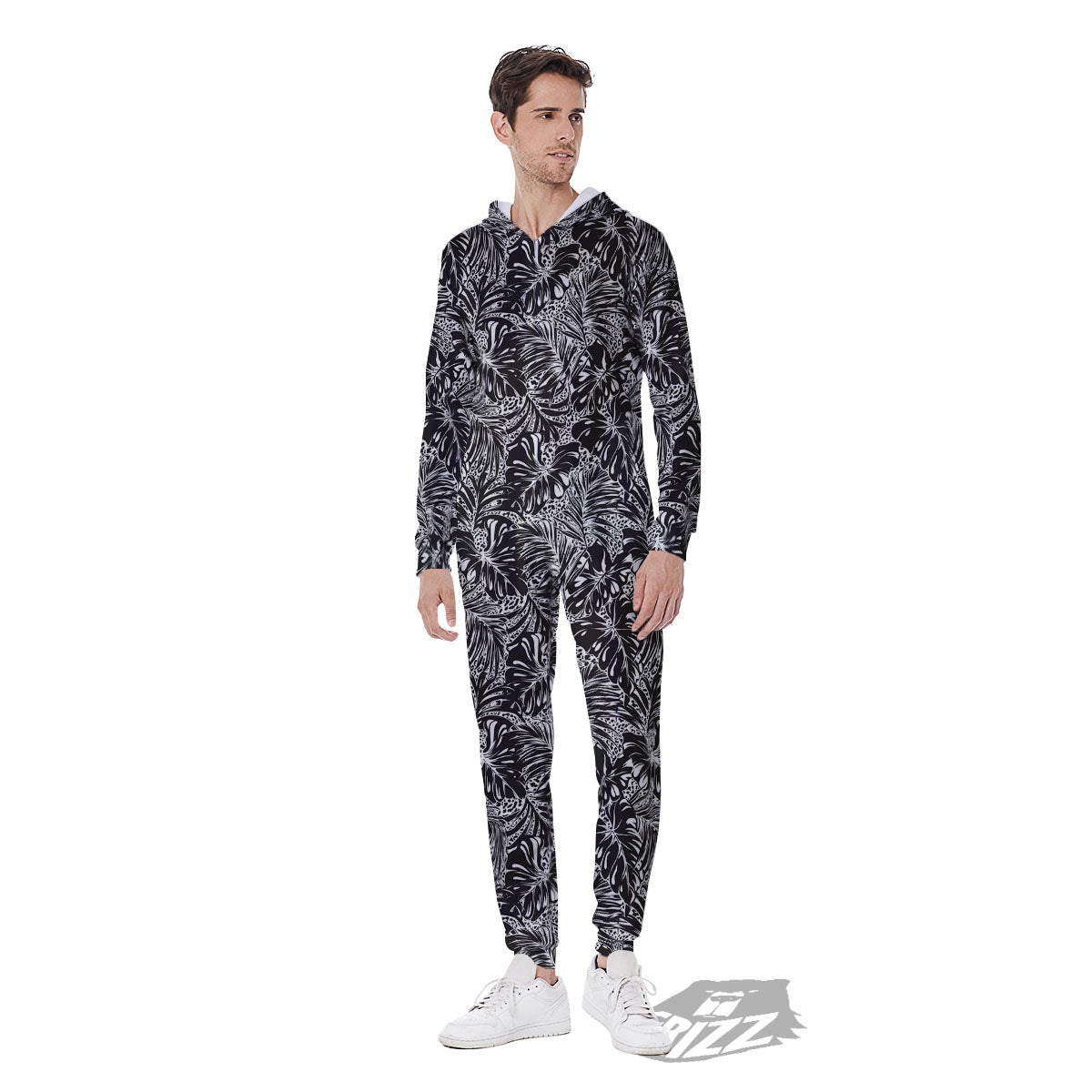 Monstera White And Black Print Pattern Men's Jumpsuit-grizzshop