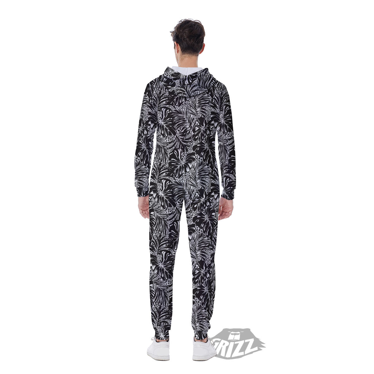 Monstera White And Black Print Pattern Men's Jumpsuit-grizzshop